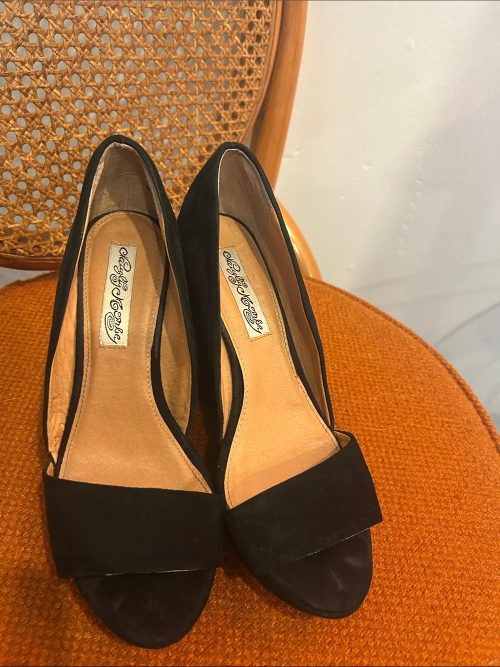 Naughty Monkey Black Suede Peep Toe Wedge Heels